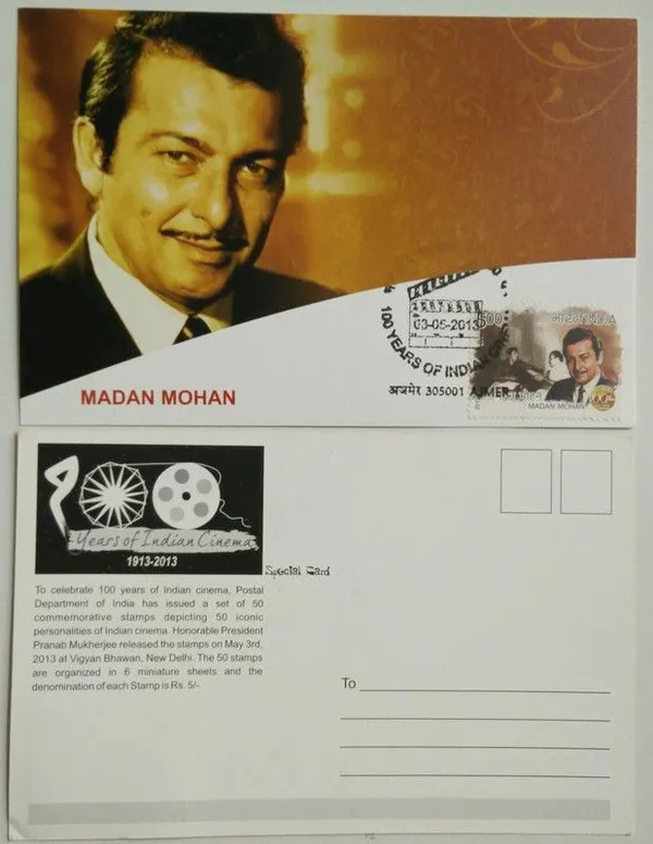 Madan_Mohan(100_Years_of_Indian_Cinema)_Maximum_Card_(Stamp_issue:_2013;_face_value:)_-_Pack_of_3