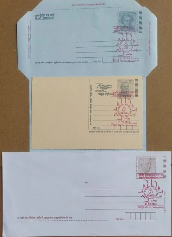 International_Day_OF_Yoga_(Mangaluru)_Special_cancellation_on_Postal_stationery_Envelope_Inland_letter_Postcard_Cancellation_date:_21-06-2023_(Printed_postage:_Envelope;_Inland_letter.50;_Postcard_50_paise)_-_Pack_of_3