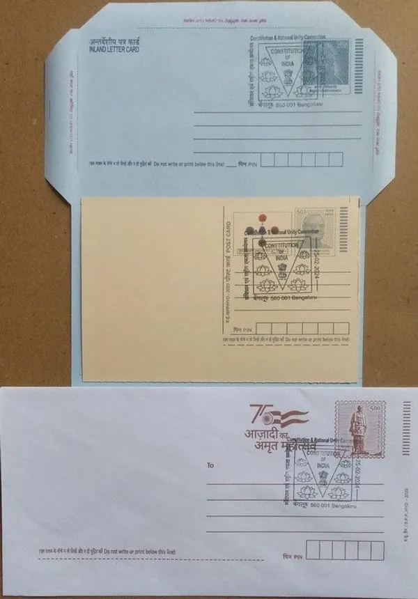 India_-_Constitution_National_Unity_Convention_OF_India_Bengaluru_Special_cancellation_on_Postal_stationery_Envelope_Inland_letter_Postcard_Released_on_25-02-2024._Collectible_item_-_Pack_of_3