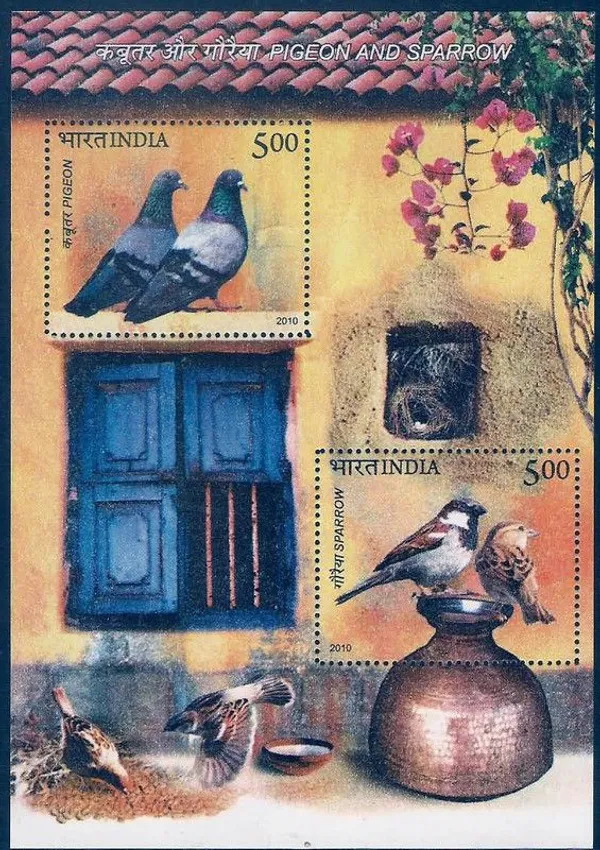 India_-_Pigeon_Sparrow_-_2010_(Indian_Miniature_Sheets)_-_Stamp_-_MNH_-_Pack_of_2