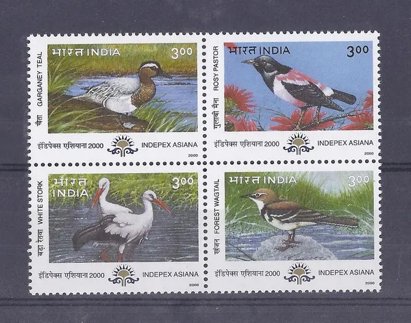 India_-_2000_-_Migratory_Birds_(Block_Of_4)_(Indian_Se-Tenants)_-_Stamp_-_MNH_(Face_value:_Rs._3)