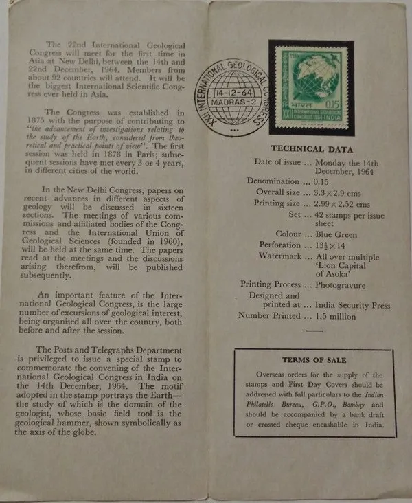 India_-_SBR_-_14-12-1964_-_14_Dec._64_22nd_International_Geological_Congress,_New_Delhi._Event,_Geology,_Globe,_Hammer_-_Pack_of_3