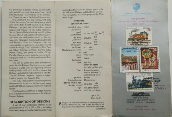 India_-_SBR_-_1987_-_Centenary_of_South_Eastern_Railway,_Emblem,_Steel_Plant,_Blast_Furnace_PL_Type_Narrow_Gauge_Locomotive_Electro_Locomotive_ZE_Type_Narrow_Gauge_Locomotive