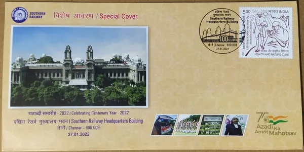 INDIA_-_Special_Cover_-_27-01-2022_-_Southern_Railway_Headquarters_Building_-_Pack_of_3