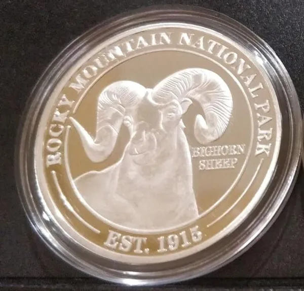 United_States_-_LONGS_PEAK_14259_Ft._Rocky_Mountain_National_Park_Silver_Plated_Coin_"Bighorn_Sheep"