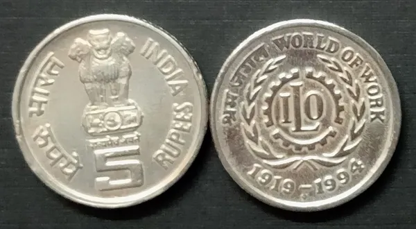 India_-_1994_-_5_Rupees-WORLD_OF_WORK_I.L.O_1919-1994-1_No-_UNC