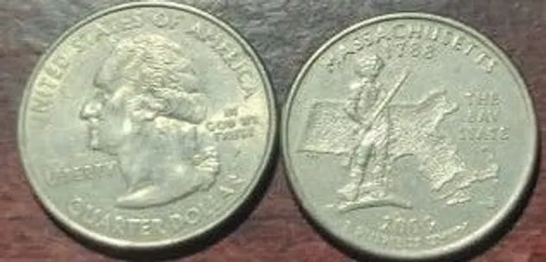 United_States_Quarter_Dollar_Massachusetts_State_1_Coin_(#_6/50)_Used_-_Pack_of_3