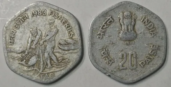 India_-_1983_-_20_Paise_-_Fisheries_F.A.O_Series_Used_1_No_-_Pack_of_2