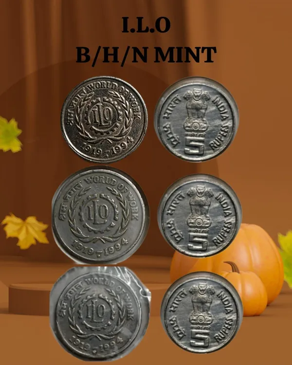India_-_1994_-_5_Rupees_-_WORLD_OF_WORK_I.L.O_1919-1994_Used-3_COINS_-B/H/N_Mint