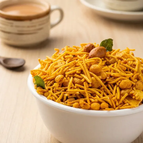 Garlic_Mix_Namkeen_With_Sev_Fried_Noodles,_Roasted_Peanuts,_Turmeric,_Indian_Spices_With_Garlic_Taste