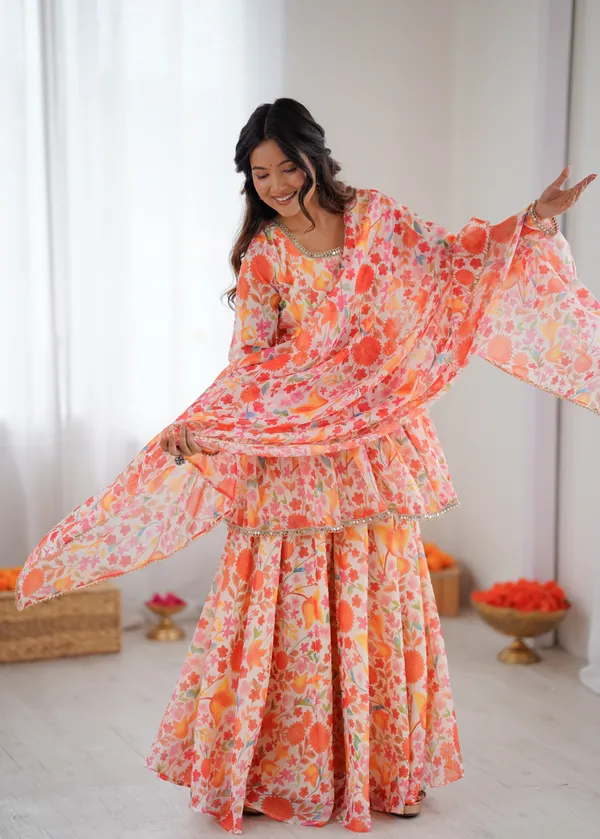 Multicolor_Floral_Print_Peplum_Top_And_Sharara_Set_With_Dupatta_For_Women