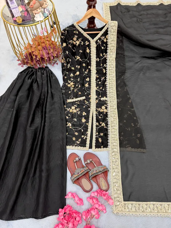 Black_Embroidered_Sharara_Set_With_Golden_Detailing_And_Dupatta_For_Women