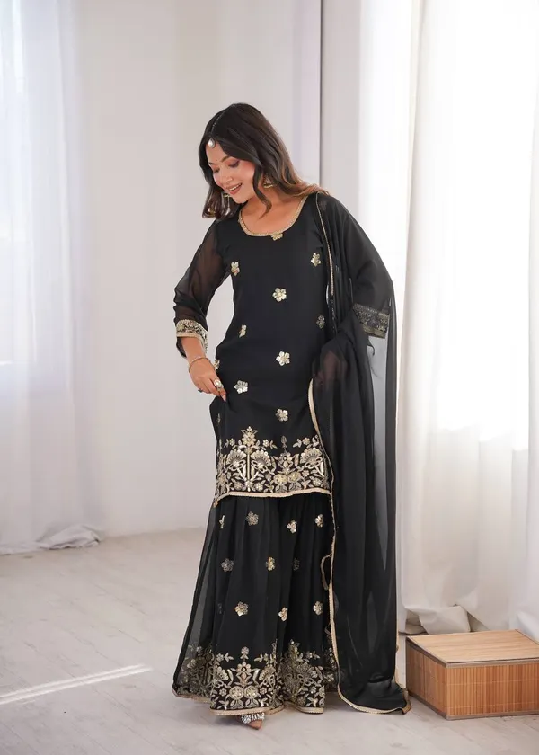 Black_Georgette_Sharara_Suit_Set_With_Golden_Embroidery_And_Dupatta_For_Women