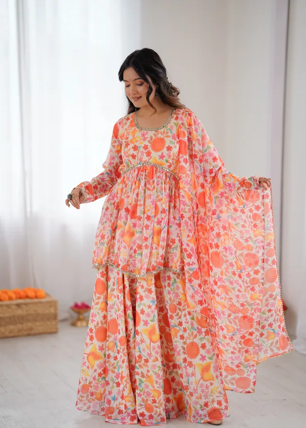 Multicolor_Floral_Print_Peplum_Top_And_Sharara_Set_With_Dupatta_For_Women