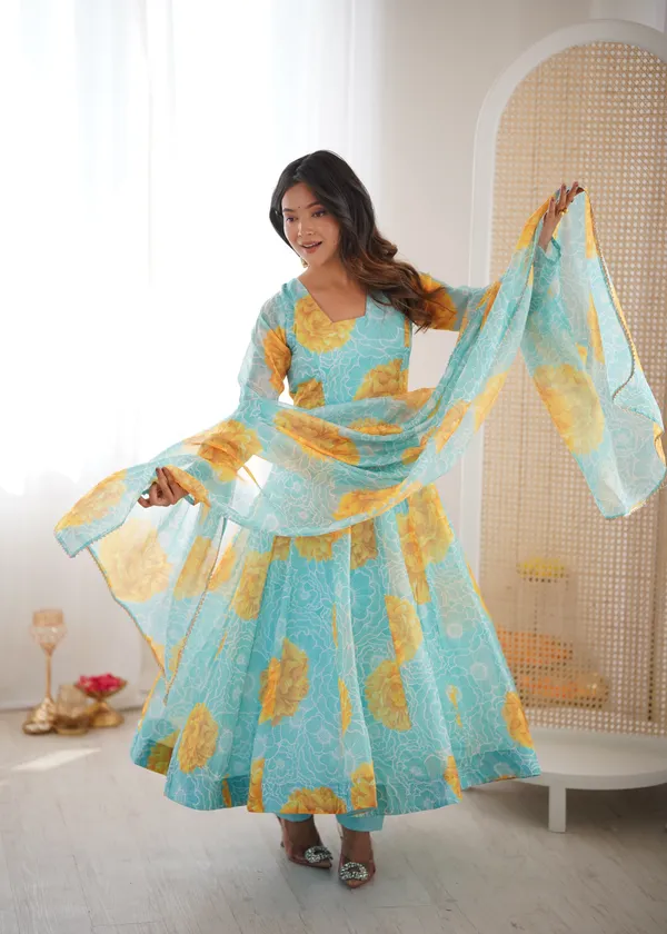 Sky_Blue_And_Yellow_Floral_Print_Anarkali_Kurta_Set_With_Dupatta_For_Women