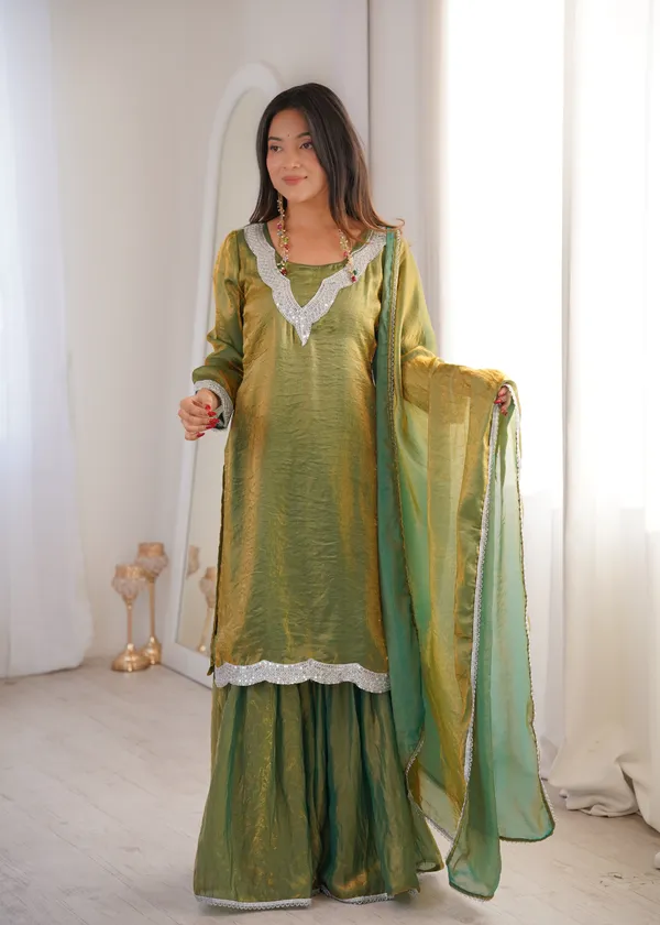 Olive_Green_Chanderi_Silk_Kurta_Sharara_Set_With_Dupatta_For_Women