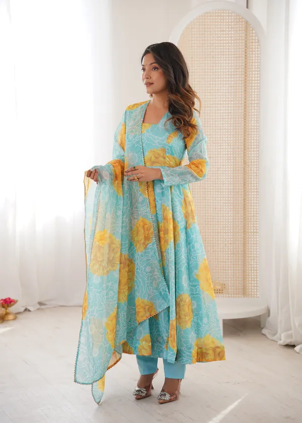 Sky_Blue_And_Yellow_Floral_Print_Anarkali_Kurta_Set_With_Dupatta_For_Women