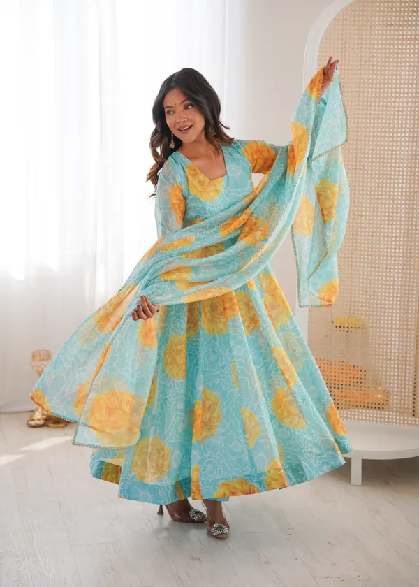 Sky_Blue_And_Yellow_Floral_Print_Anarkali_Kurta_Set_With_Dupatta_For_Women