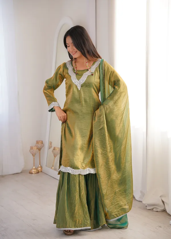 Olive_Green_Chanderi_Silk_Kurta_Sharara_Set_With_Dupatta_For_Women