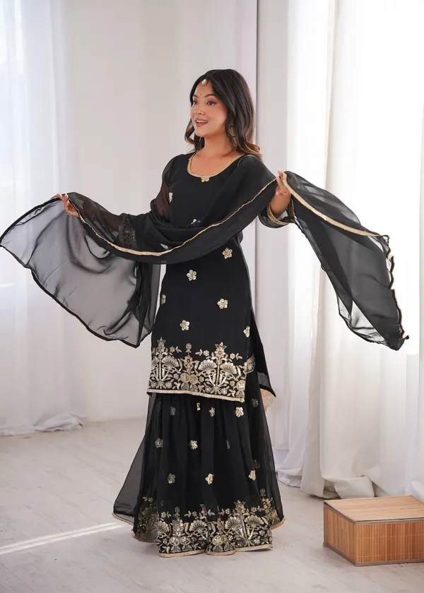 Black_Georgette_Sharara_Suit_Set_With_Golden_Embroidery_And_Dupatta_For_Women