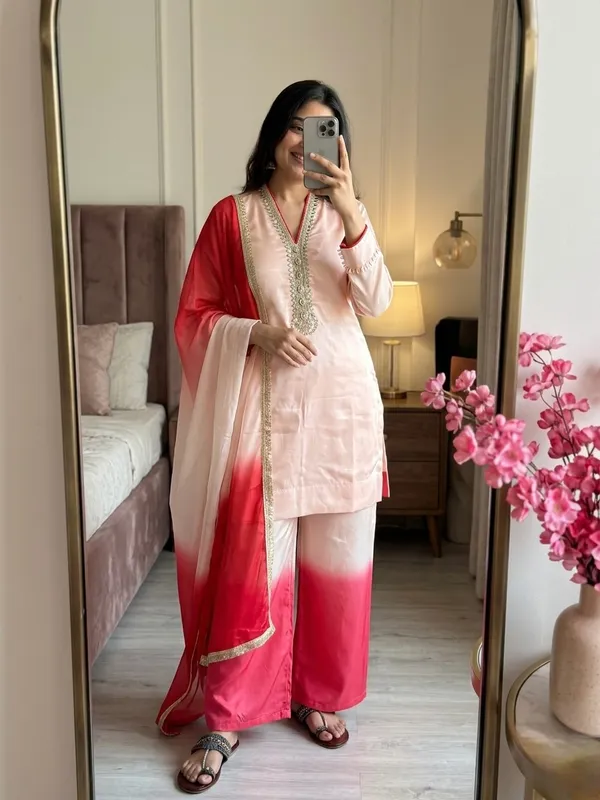 Blush_Pink_&_Coral_Ombre_Embroidered_Kurta_Palazzo_Set_with_Organza_Dupatta