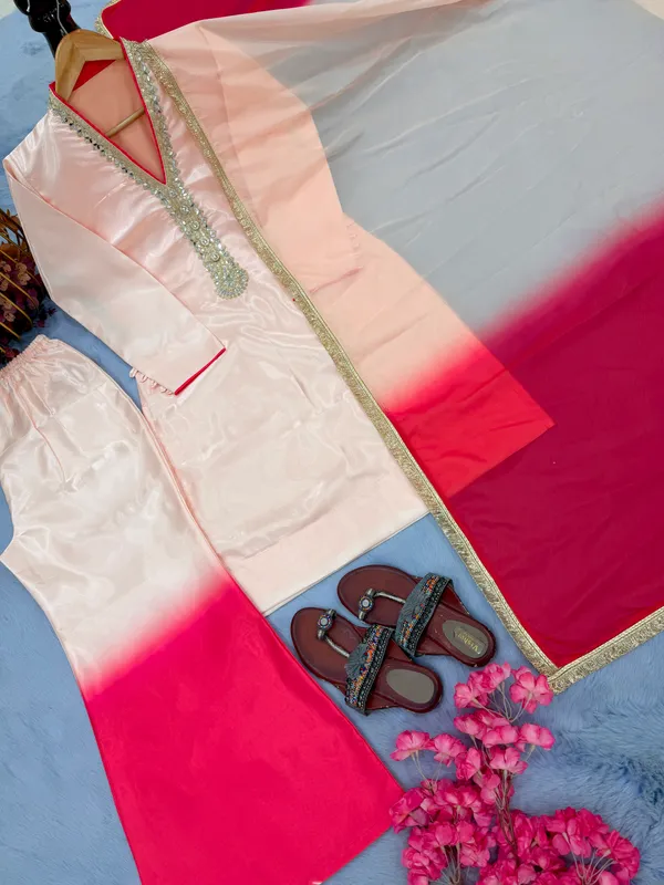 Blush_Pink_&_Coral_Ombre_Embroidered_Kurta_Palazzo_Set_with_Organza_Dupatta