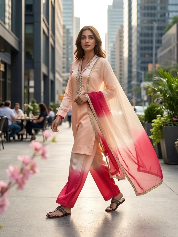Blush_Pink_&_Coral_Ombre_Embroidered_Kurta_Palazzo_Set_with_Organza_Dupatta