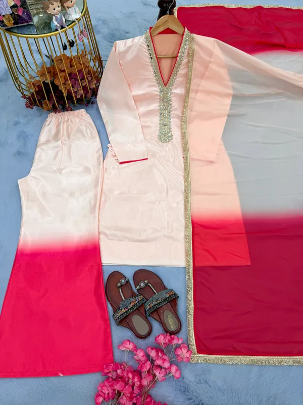 Blush_Pink_&_Coral_Ombre_Embroidered_Kurta_Palazzo_Set_with_Organza_Dupatta