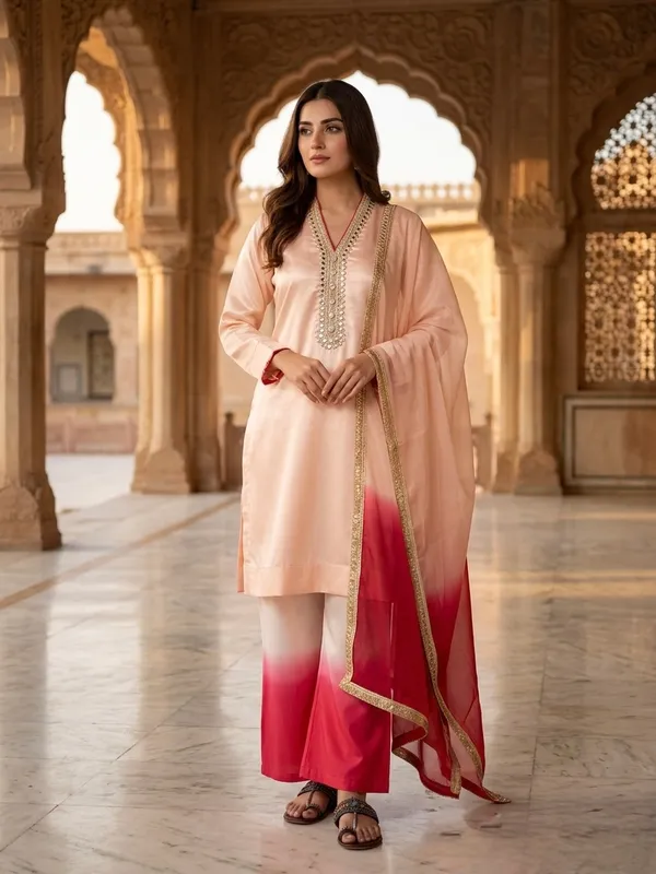 Blush_Pink_&_Coral_Ombre_Embroidered_Kurta_Palazzo_Set_with_Organza_Dupatta