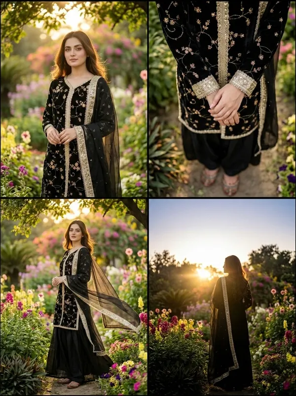 Black_Embroidered_Sharara_Set_With_Golden_Detailing_And_Dupatta_For_Women
