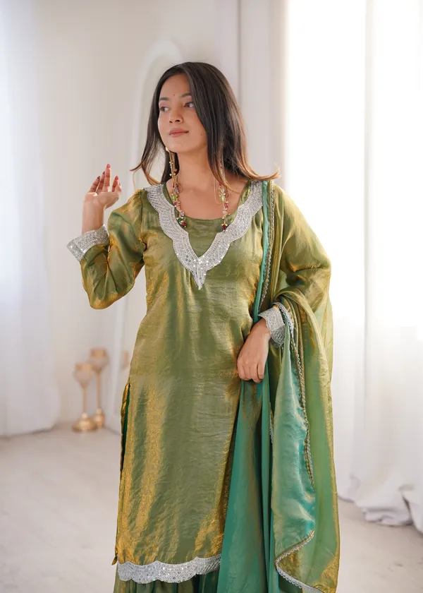 Olive_Green_Chanderi_Silk_Kurta_Sharara_Set_With_Dupatta_For_Women