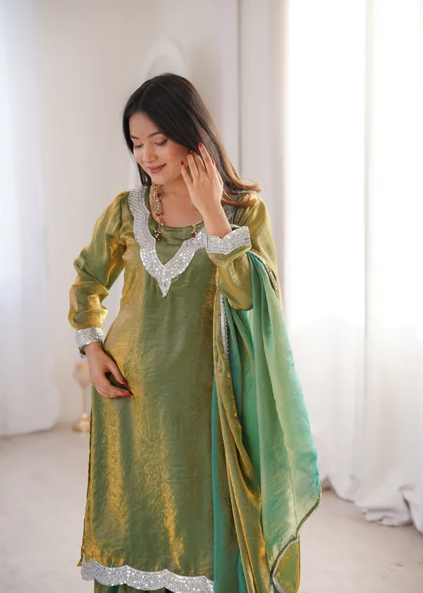 Olive_Green_Chanderi_Silk_Kurta_Sharara_Set_With_Dupatta_For_Women