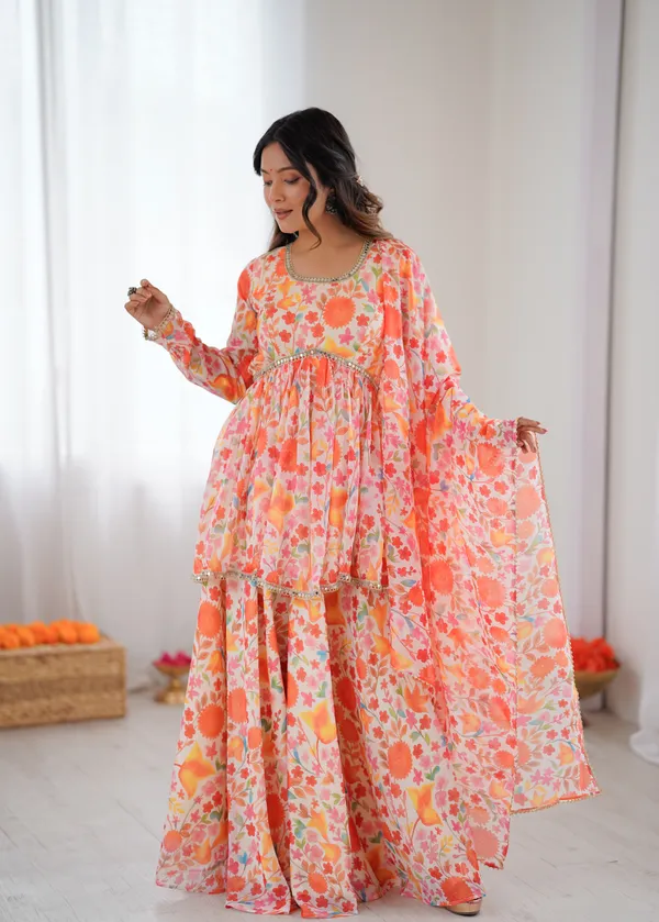 Multicolor_Floral_Print_Peplum_Top_And_Sharara_Set_With_Dupatta_For_Women