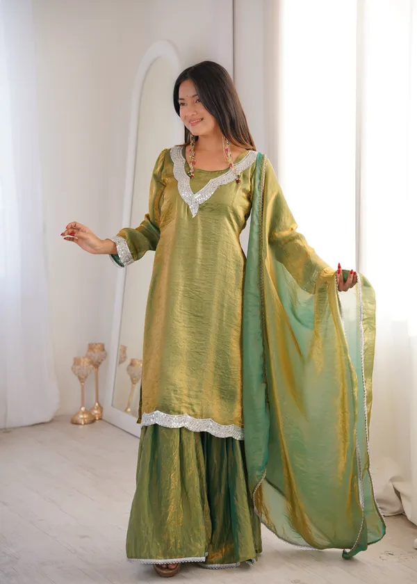 Olive_Green_Chanderi_Silk_Kurta_Sharara_Set_With_Dupatta_For_Women