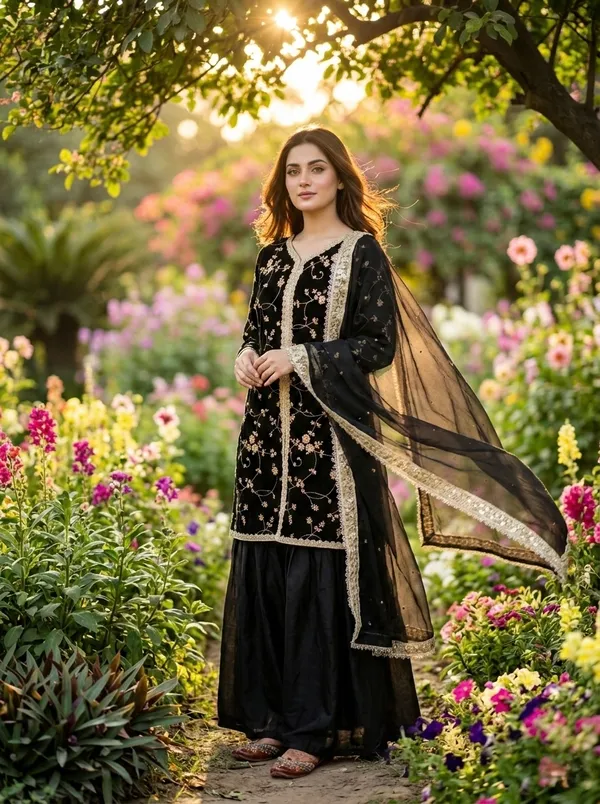 Black_Embroidered_Sharara_Set_With_Golden_Detailing_And_Dupatta_For_Women