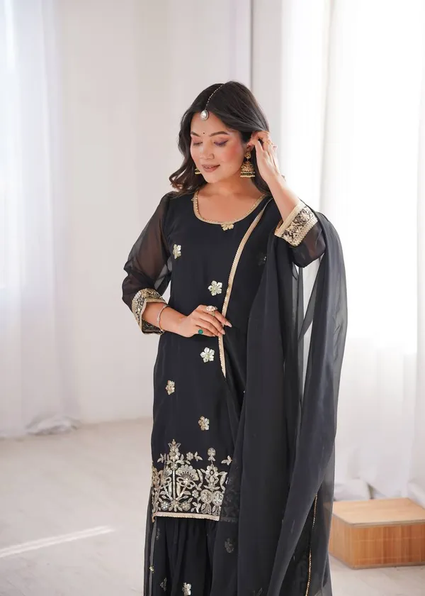 Black_Georgette_Sharara_Suit_Set_With_Golden_Embroidery_And_Dupatta_For_Women