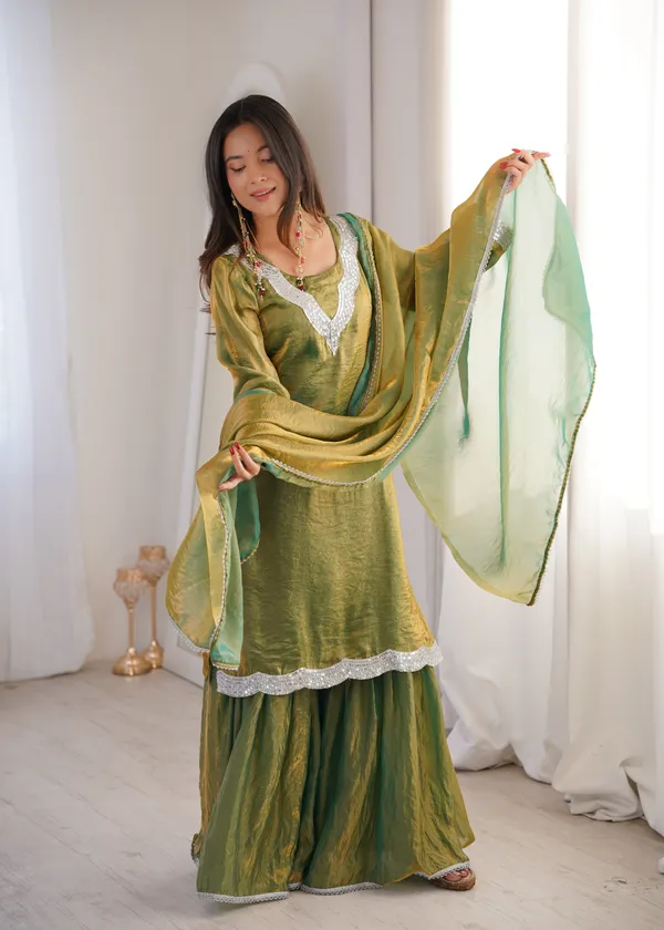 Olive_Green_Chanderi_Silk_Kurta_Sharara_Set_With_Dupatta_For_Women
