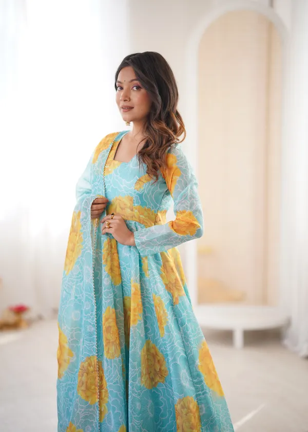 Sky_Blue_And_Yellow_Floral_Print_Anarkali_Kurta_Set_With_Dupatta_For_Women