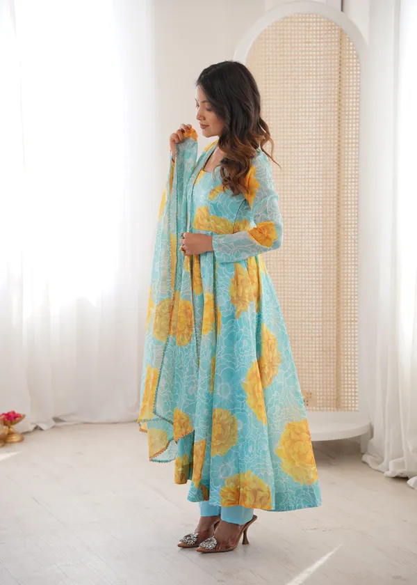Sky_Blue_And_Yellow_Floral_Print_Anarkali_Kurta_Set_With_Dupatta_For_Women
