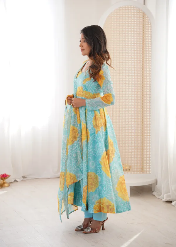 Sky_Blue_And_Yellow_Floral_Print_Anarkali_Kurta_Set_With_Dupatta_For_Women