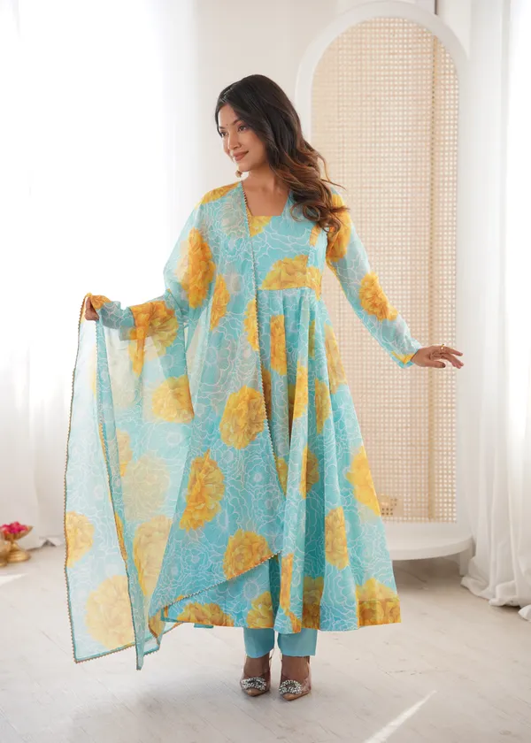 Sky_Blue_And_Yellow_Floral_Print_Anarkali_Kurta_Set_With_Dupatta_For_Women