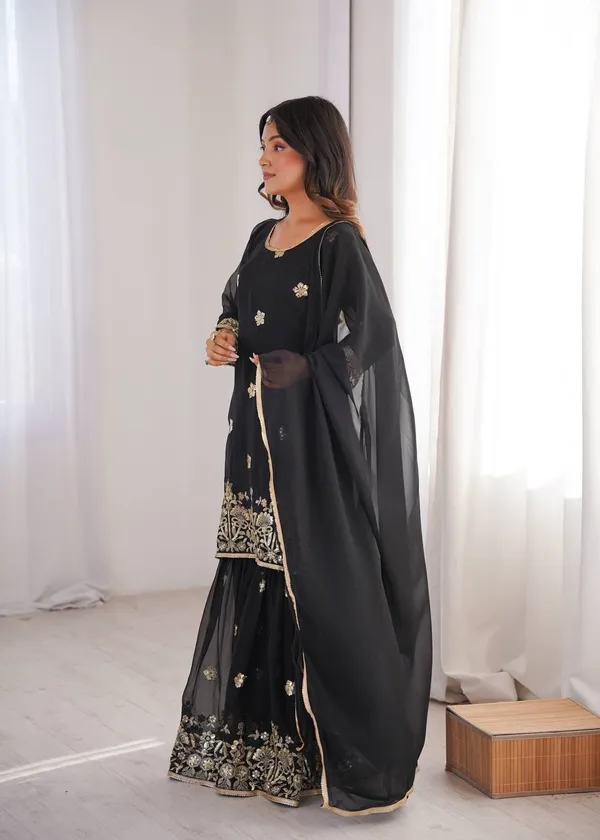 Black_Georgette_Sharara_Suit_Set_With_Golden_Embroidery_And_Dupatta_For_Women