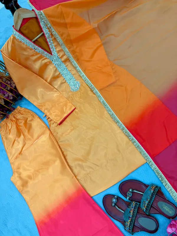 Mustard_&_Pink_Ombre_Embroidered_Kurta_Palazzo_Set_with_Organza_Dupatta