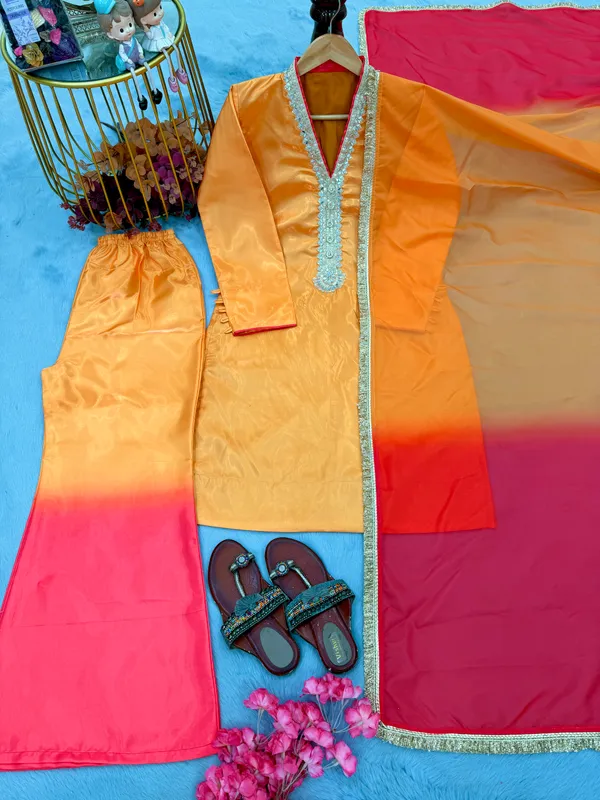 Mustard_&_Pink_Ombre_Embroidered_Kurta_Palazzo_Set_with_Organza_Dupatta