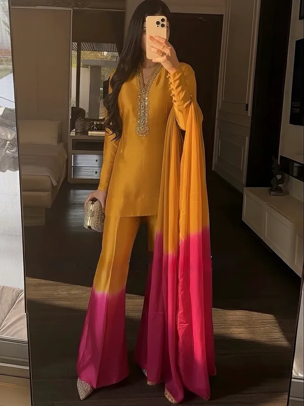 Mustard_&_Pink_Ombre_Embroidered_Kurta_Palazzo_Set_with_Organza_Dupatta
