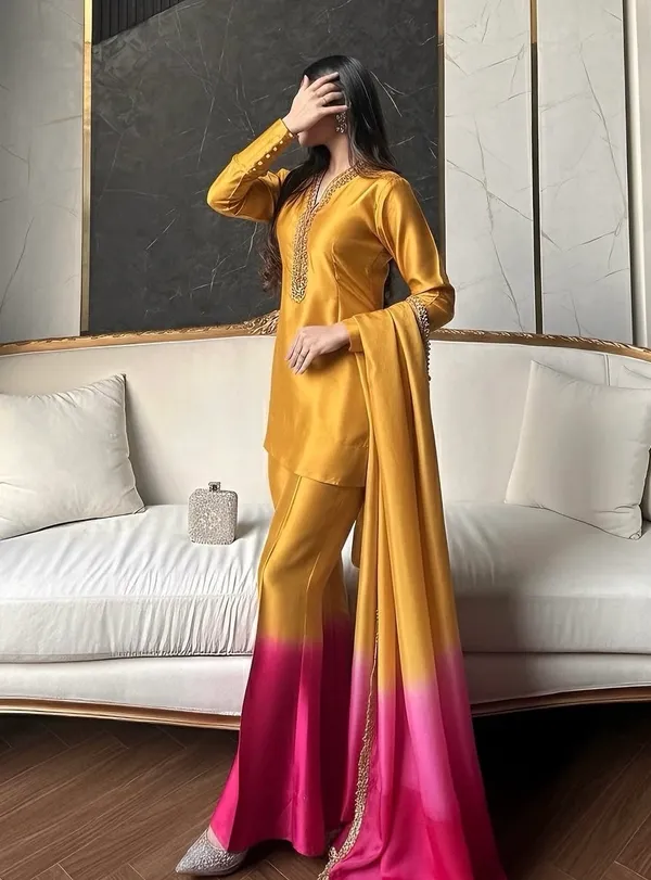 Mustard_&_Pink_Ombre_Embroidered_Kurta_Palazzo_Set_with_Organza_Dupatta