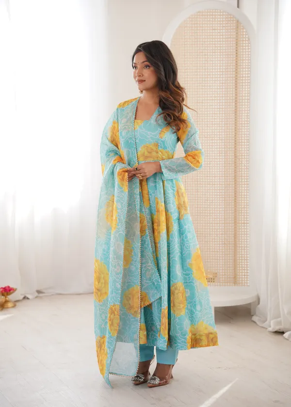 Sky_Blue_And_Yellow_Floral_Print_Anarkali_Kurta_Set_With_Dupatta_For_Women