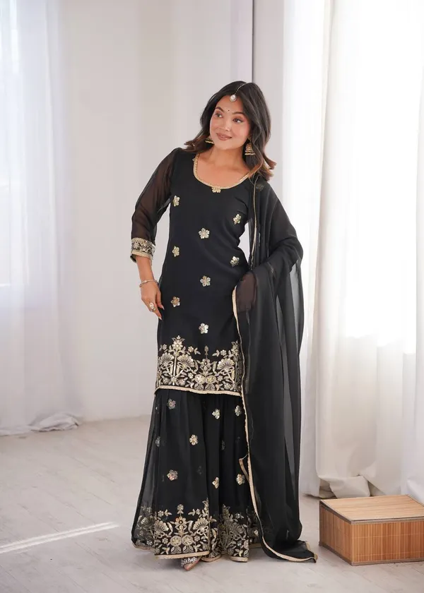 Black_Georgette_Sharara_Suit_Set_With_Golden_Embroidery_And_Dupatta_For_Women