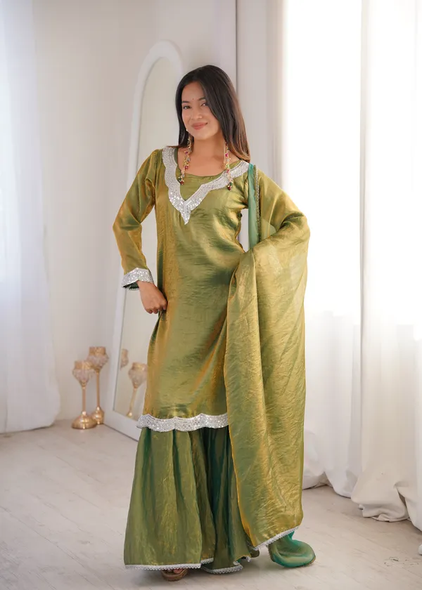 Olive_Green_Chanderi_Silk_Kurta_Sharara_Set_With_Dupatta_For_Women