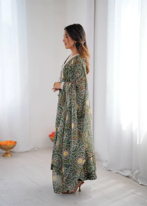 Green_Bandhani_Print_Lehenga_Choli_Set_With_Dupatta_For_Women